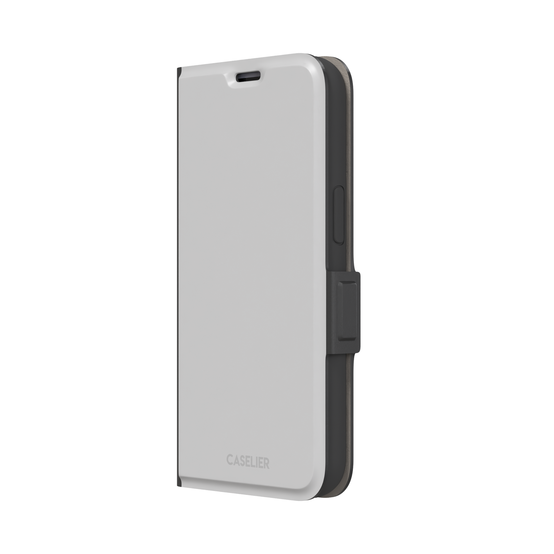 Solid mid-tone grey phone case with minimal matte finish on iPhone, phone case by Caselier — wallet case, right view