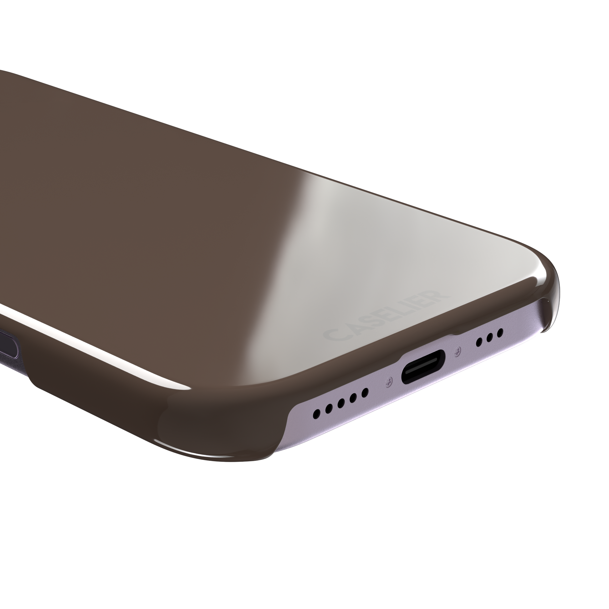 Solid muted taupe-brown phone case with minimal matte finish on iPhone, phone case by Caselier — snap case, charging port detail
