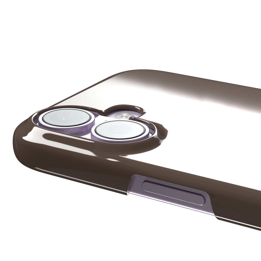 Solid muted taupe-brown phone case with minimal matte finish on iPhone, phone case by Caselier — snap case, volume buttons detail