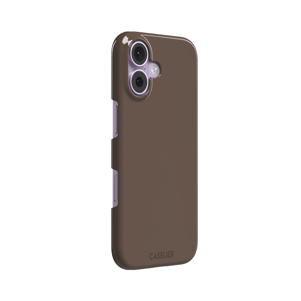 Solid muted taupe-brown phone case with minimal matte finish on iPhone, phone case by Caselier — snap case, left view