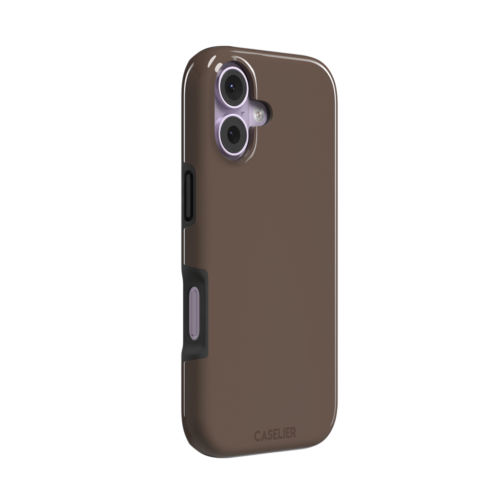 Solid muted taupe-brown phone case with minimal matte finish on iPhone, phone case by Caselier — tough case, left view