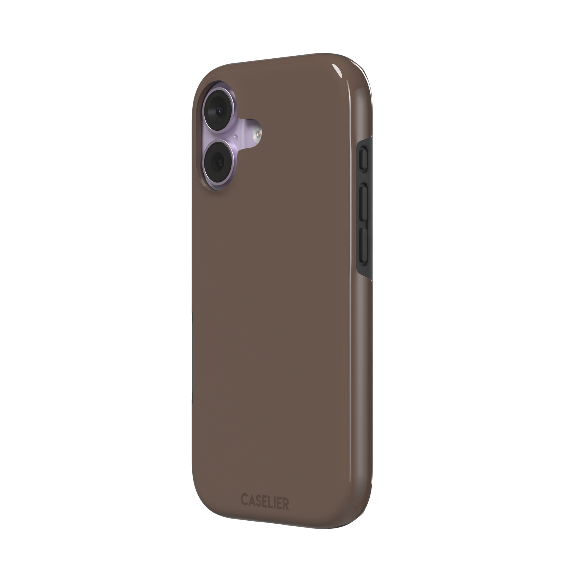Solid muted taupe-brown phone case with minimal matte finish on iPhone, phone case by Caselier — tough case, right view