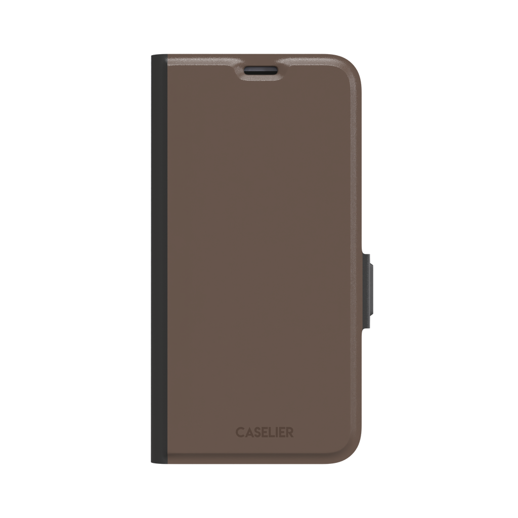 Solid muted taupe-brown phone case with minimal matte finish on iPhone, phone case by Caselier — wallet case, front view