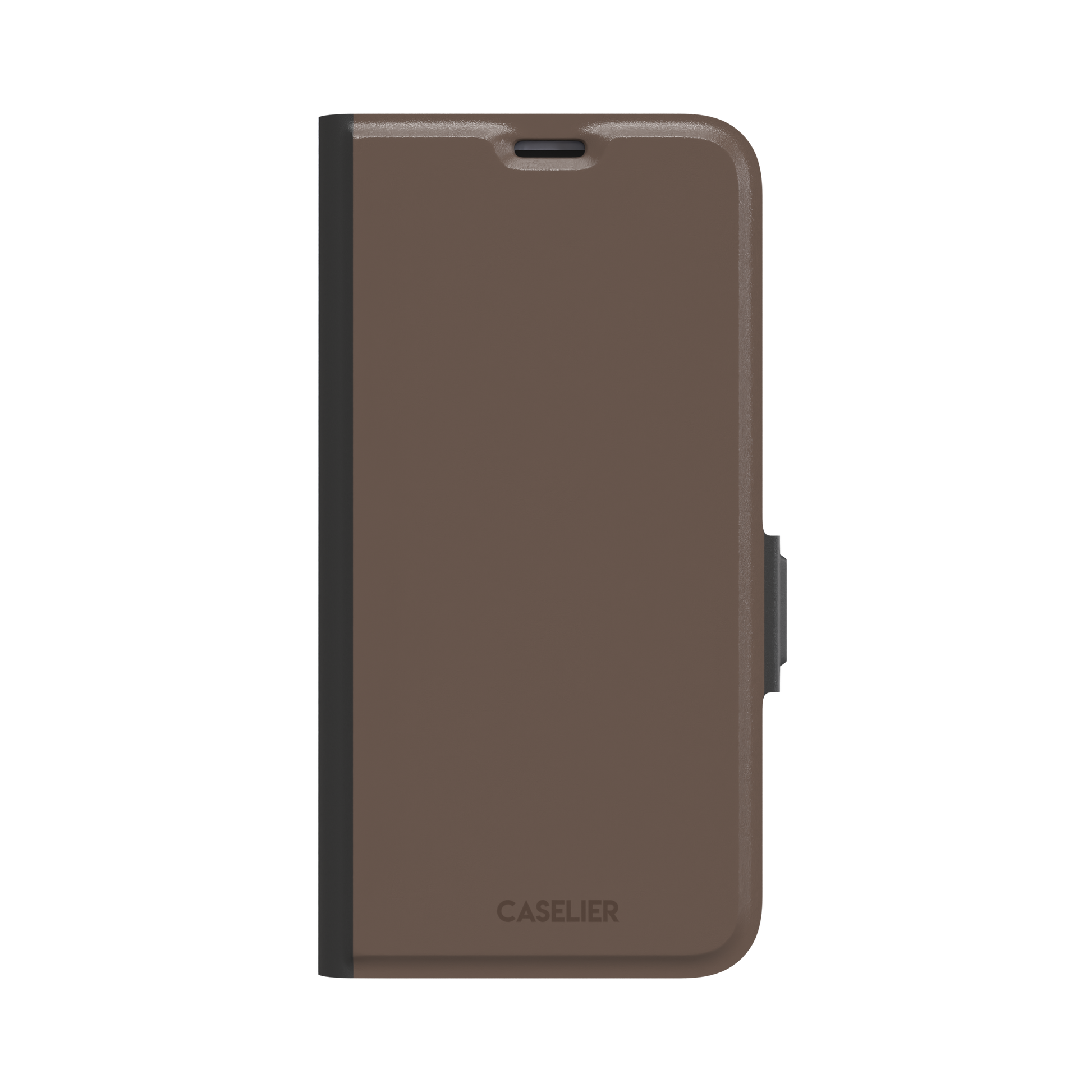 Solid muted taupe-brown phone case with minimal matte finish on iPhone, phone case by Caselier — wallet case, front view