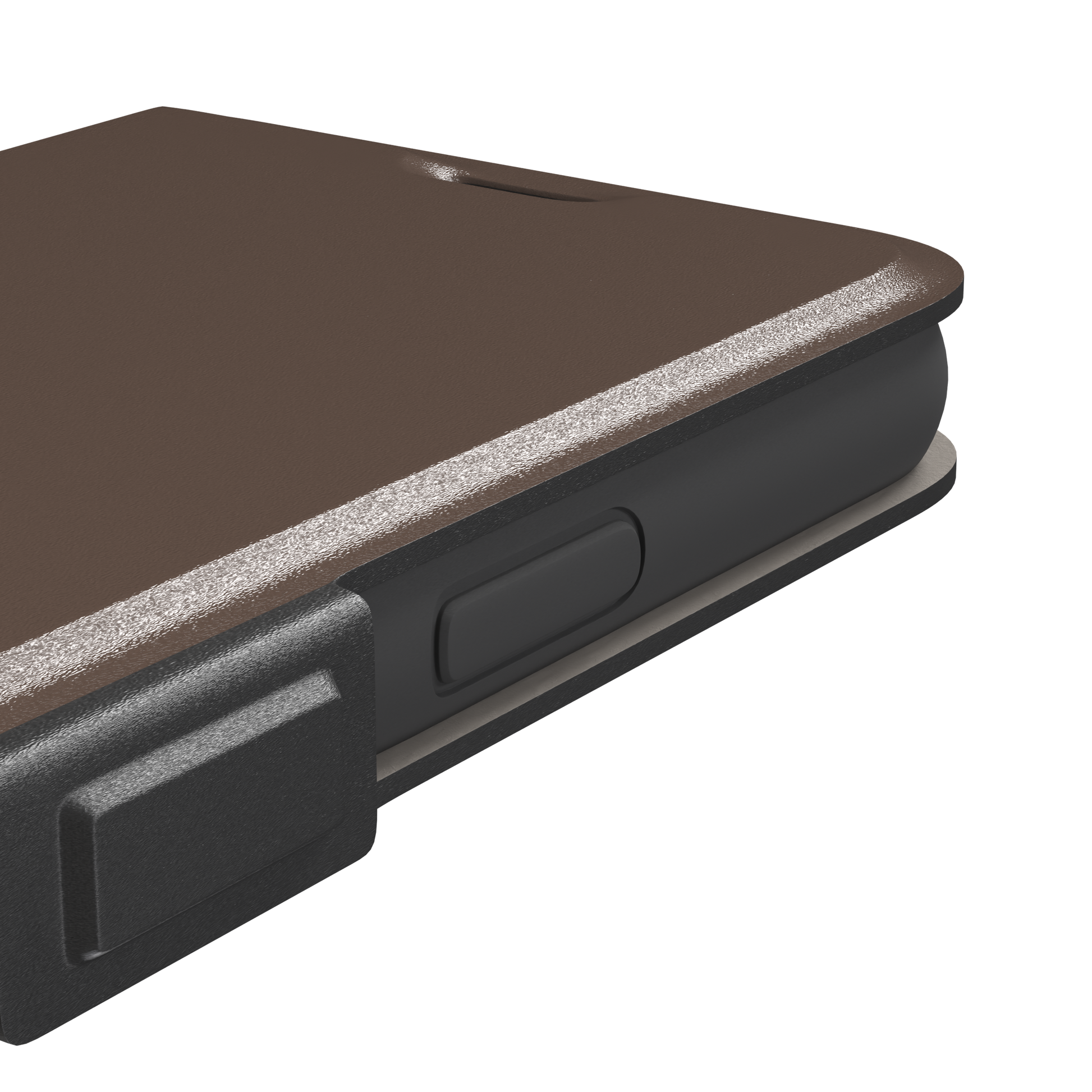 Solid muted taupe-brown phone case with minimal matte finish on iPhone, phone case by Caselier — wallet case, volume buttons detail