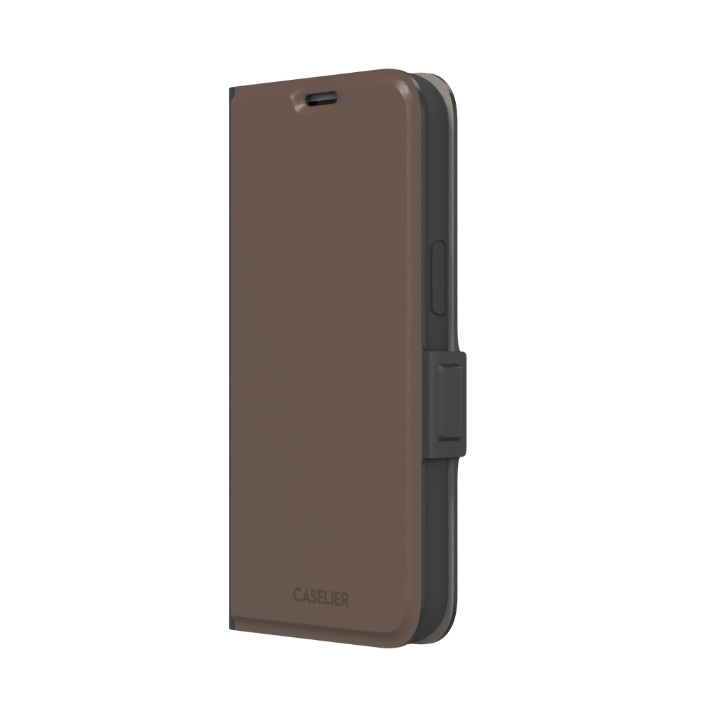 Solid muted taupe-brown phone case with minimal matte finish on iPhone, phone case by Caselier — wallet case, right view