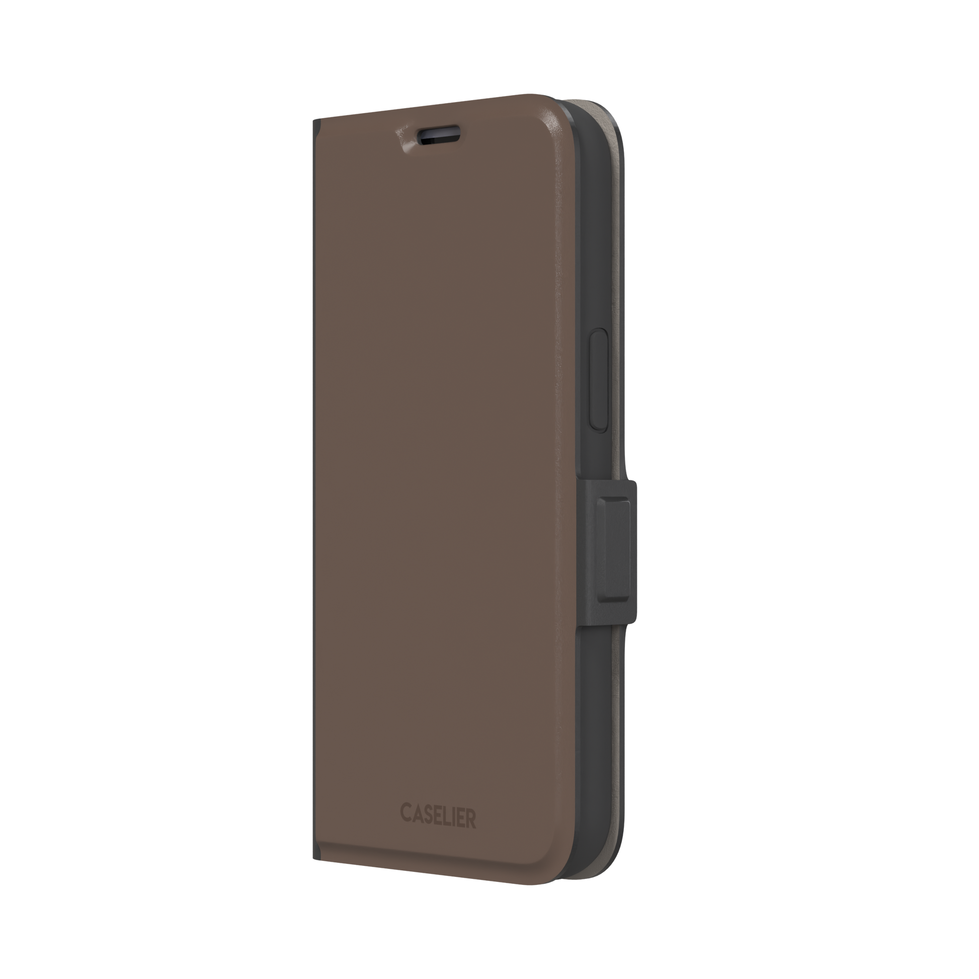 Solid muted taupe-brown phone case with minimal matte finish on iPhone, phone case by Caselier — wallet case, right view