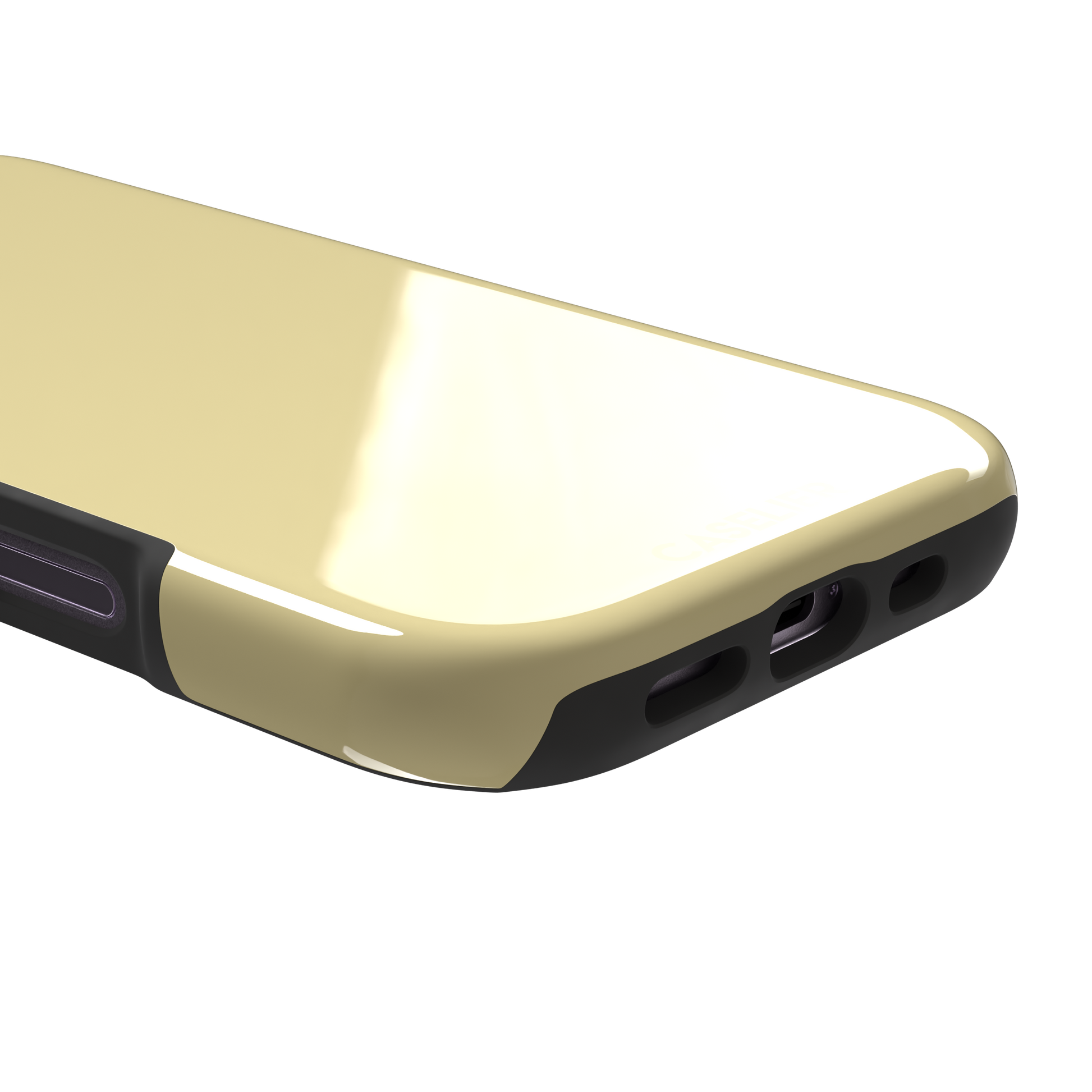 Solid pale pastel yellow phone case with clean matte finish on iPhone, phone case by Caselier — tough case, charging port detail