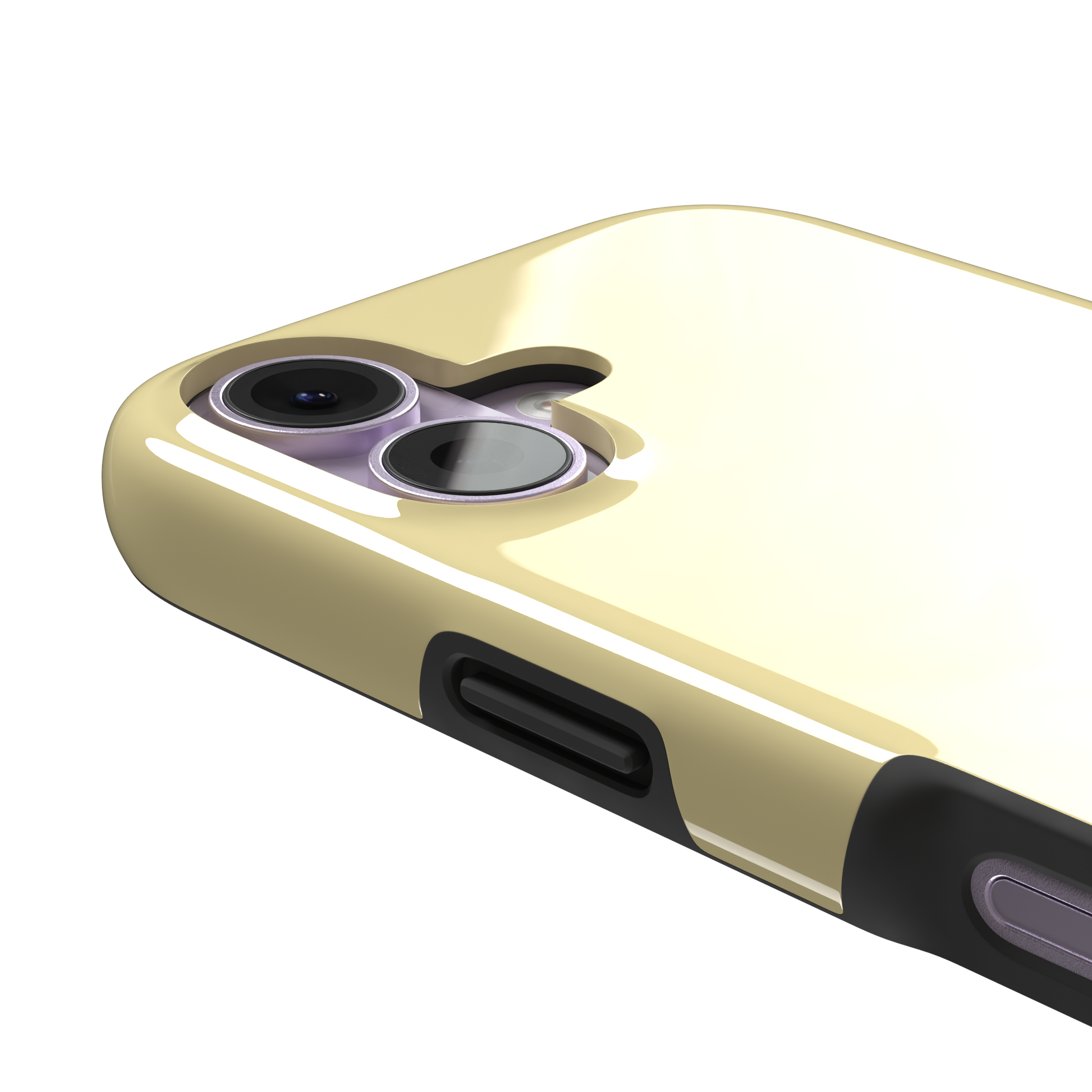 Solid pale pastel yellow phone case with clean matte finish on iPhone, phone case by Caselier — tough case, volume buttons detail