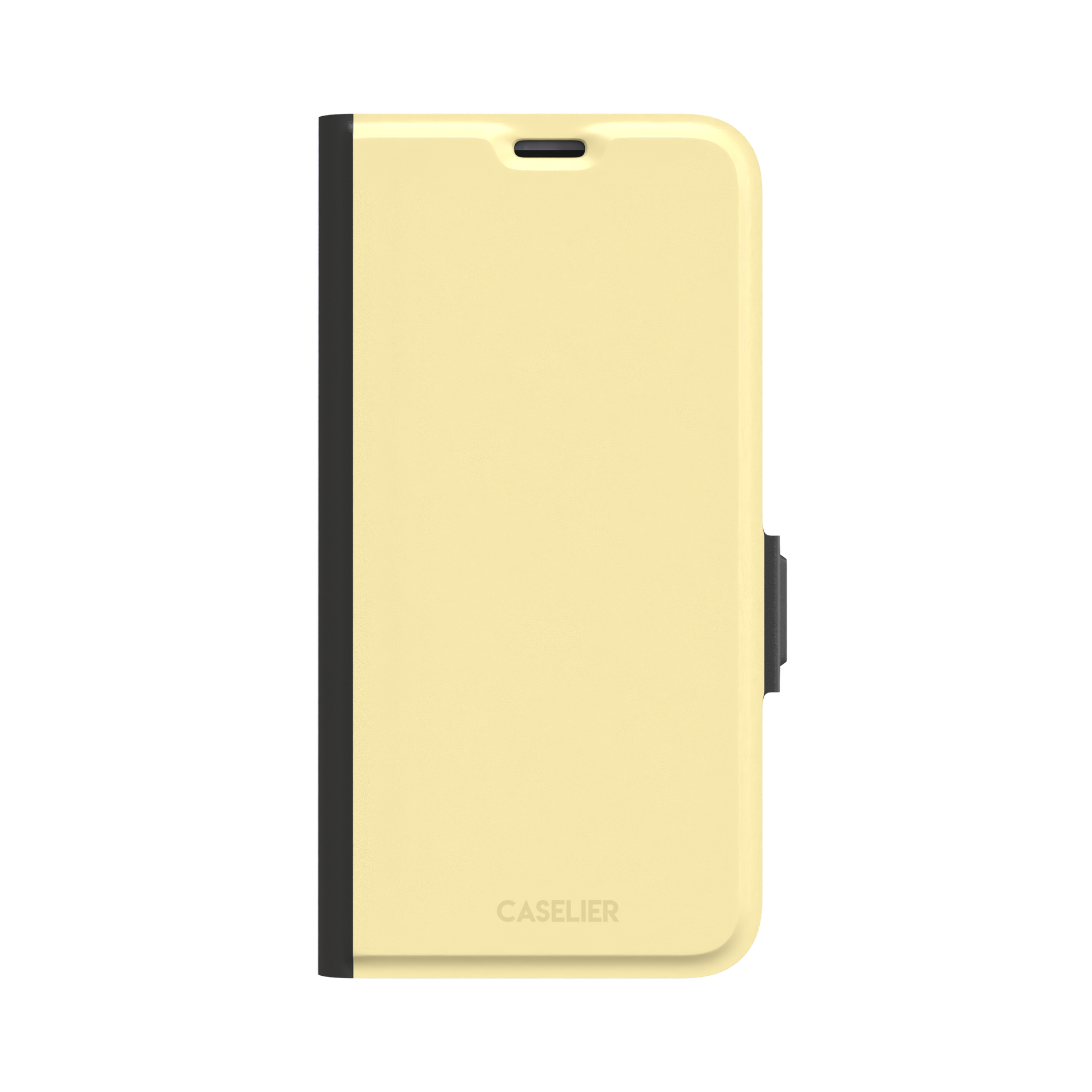 Solid pale pastel yellow phone case with clean matte finish on iPhone, phone case by Caselier — wallet case, front view
