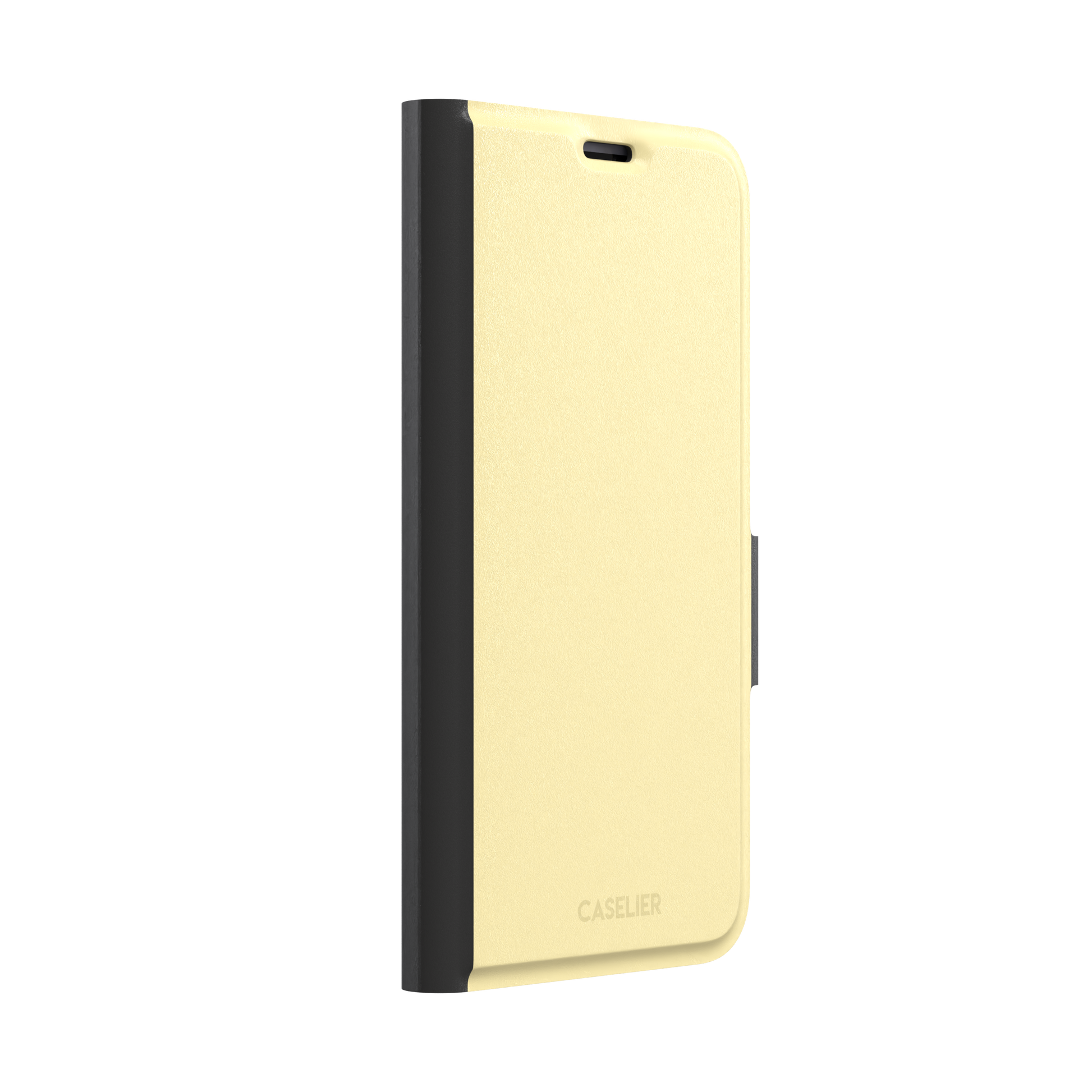 Solid pale pastel yellow phone case with clean matte finish on iPhone, phone case by Caselier — wallet case, left view