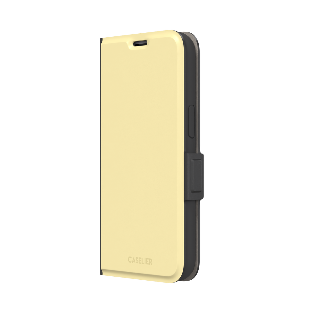 Solid pale pastel yellow phone case with clean matte finish on iPhone, phone case by Caselier — wallet case, right view