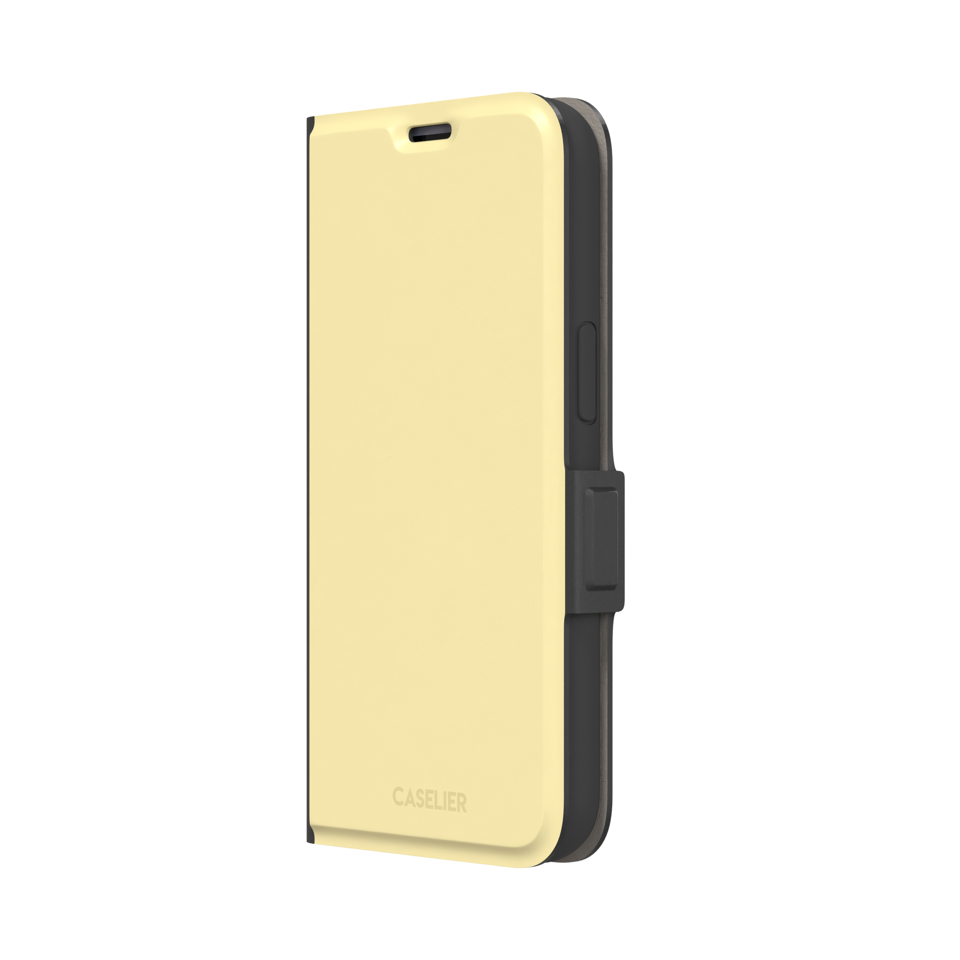 Solid pale pastel yellow phone case with clean matte finish on iPhone, phone case by Caselier — wallet case, right view