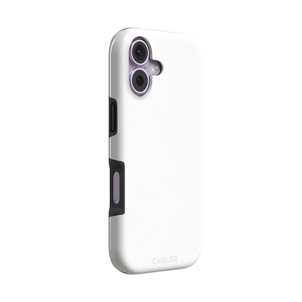 Solid matte white phone case with clean minimal finish on iPhone, phone case by Caselier — tough case, left view