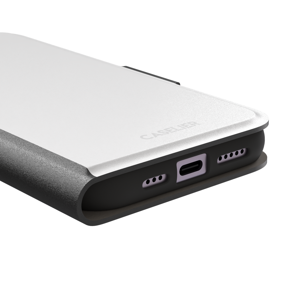 Solid matte white phone case with clean minimal finish on iPhone, phone case by Caselier — wallet case, charging port detail