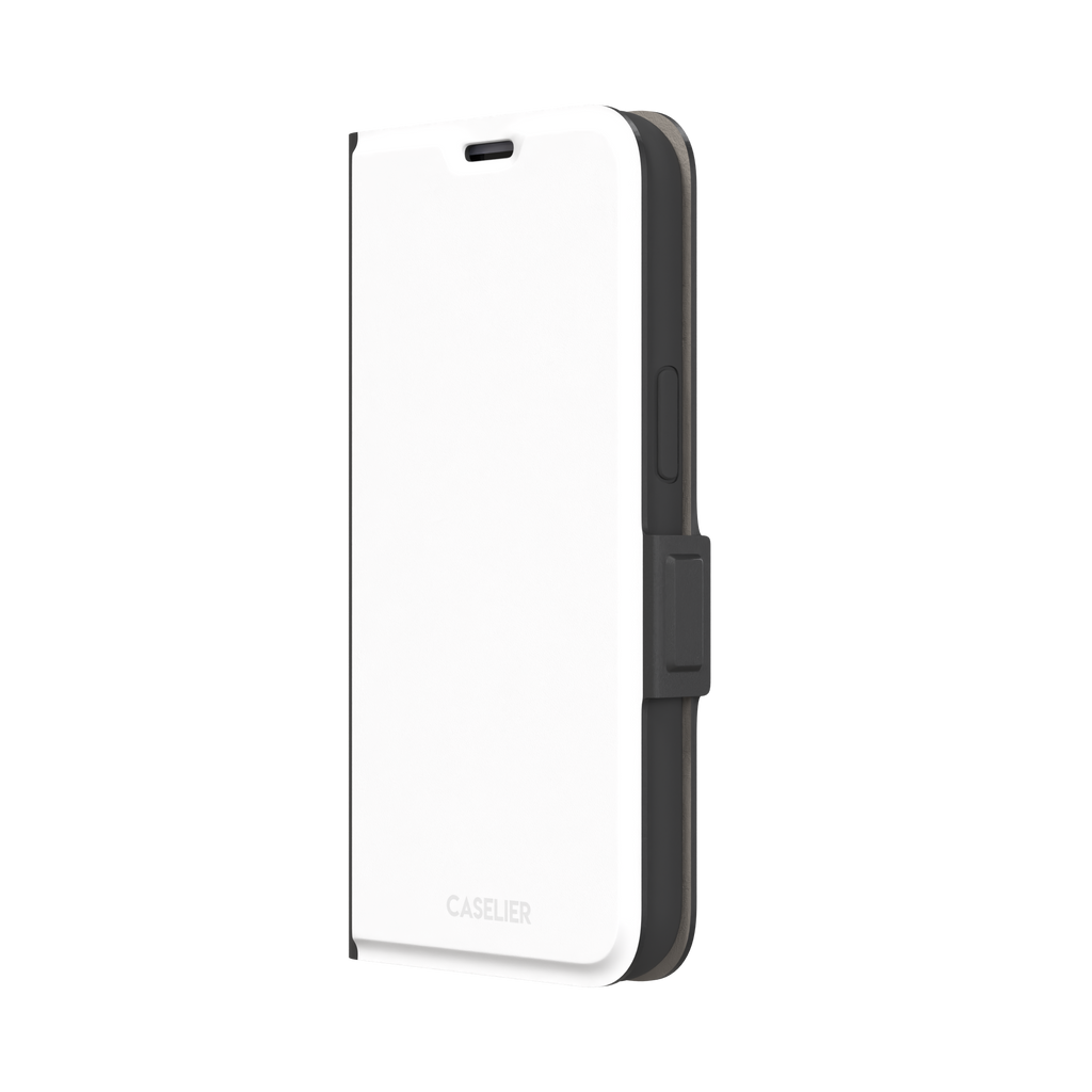 Solid matte white phone case with clean minimal finish on iPhone, phone case by Caselier — wallet case, right view