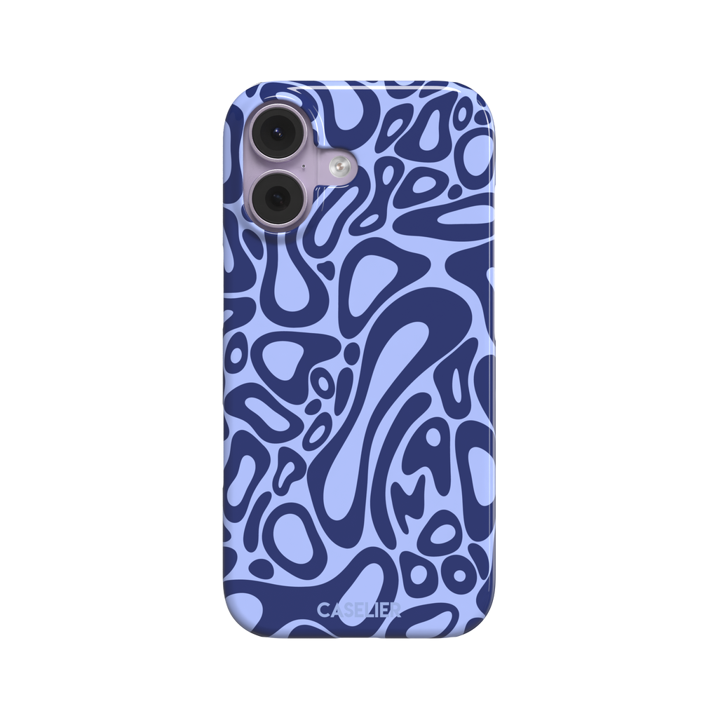 Norris Pattern phone case in periwinkle blue and navy with fluid swirling abstract shapes covering the full back, phone case by Caselier — snap case, front view