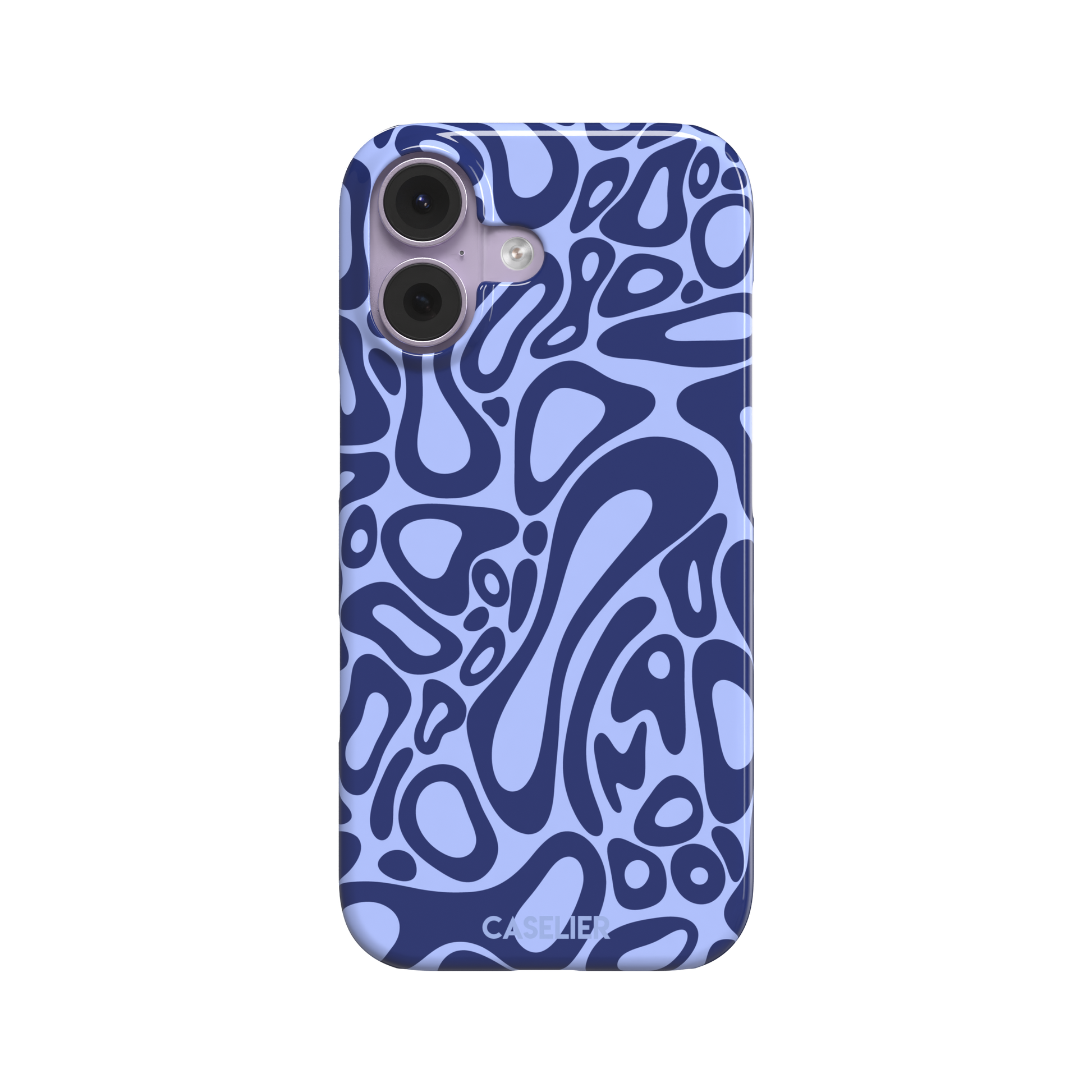 Norris Pattern phone case in periwinkle blue and navy with fluid swirling abstract shapes covering the full back, phone case by Caselier — snap case, front view
