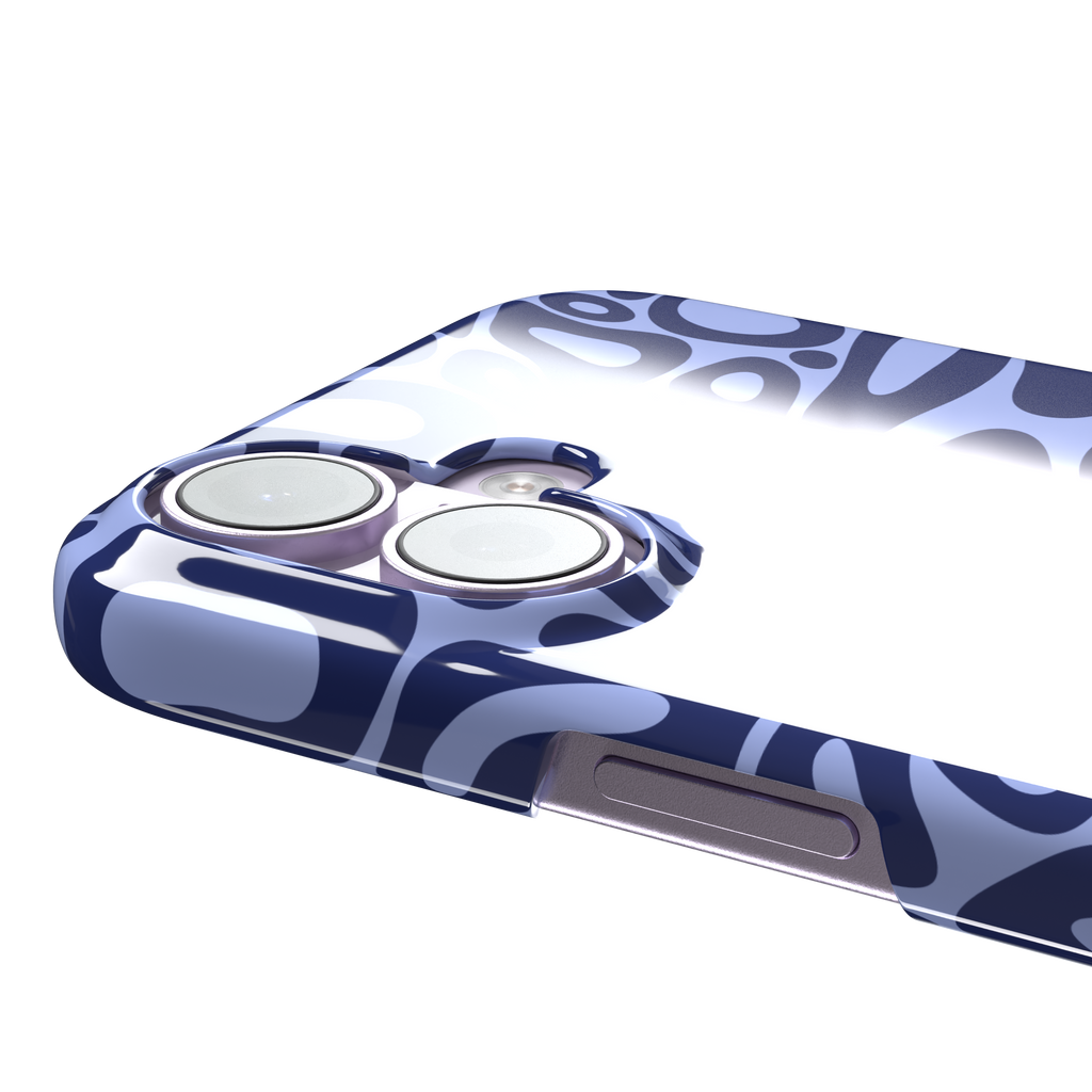 Norris Pattern phone case in periwinkle blue and navy with fluid swirling abstract shapes covering the full back, phone case by Caselier — snap case, volume buttons detail