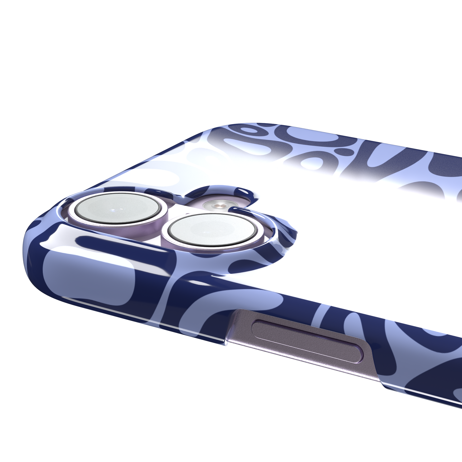 Norris Pattern phone case in periwinkle blue and navy with fluid swirling abstract shapes covering the full back, phone case by Caselier — snap case, volume buttons detail