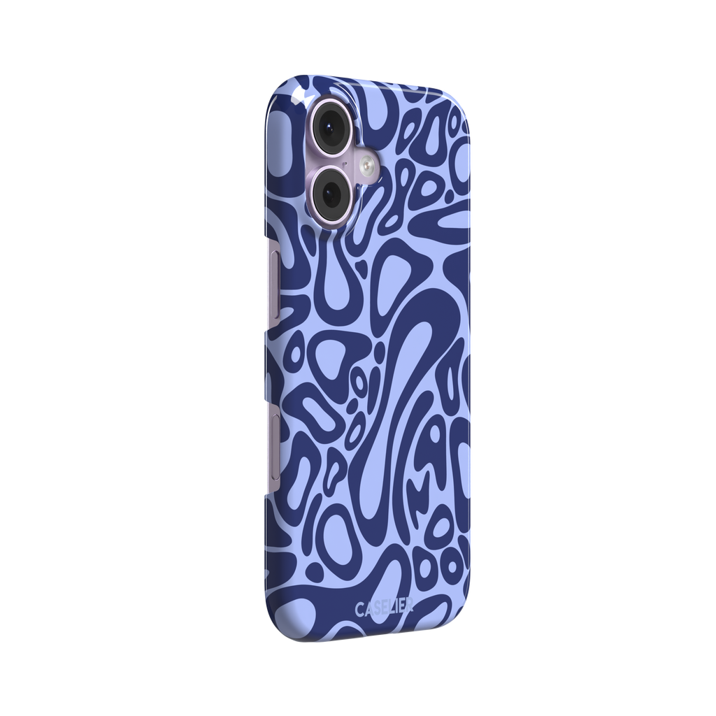 Norris Pattern phone case in periwinkle blue and navy with fluid swirling abstract shapes covering the full back, phone case by Caselier — snap case, left view