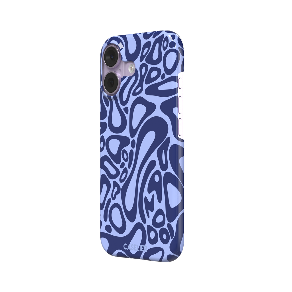 Norris Pattern phone case in periwinkle blue and navy with fluid swirling abstract shapes covering the full back, phone case by Caselier — snap case, right view
