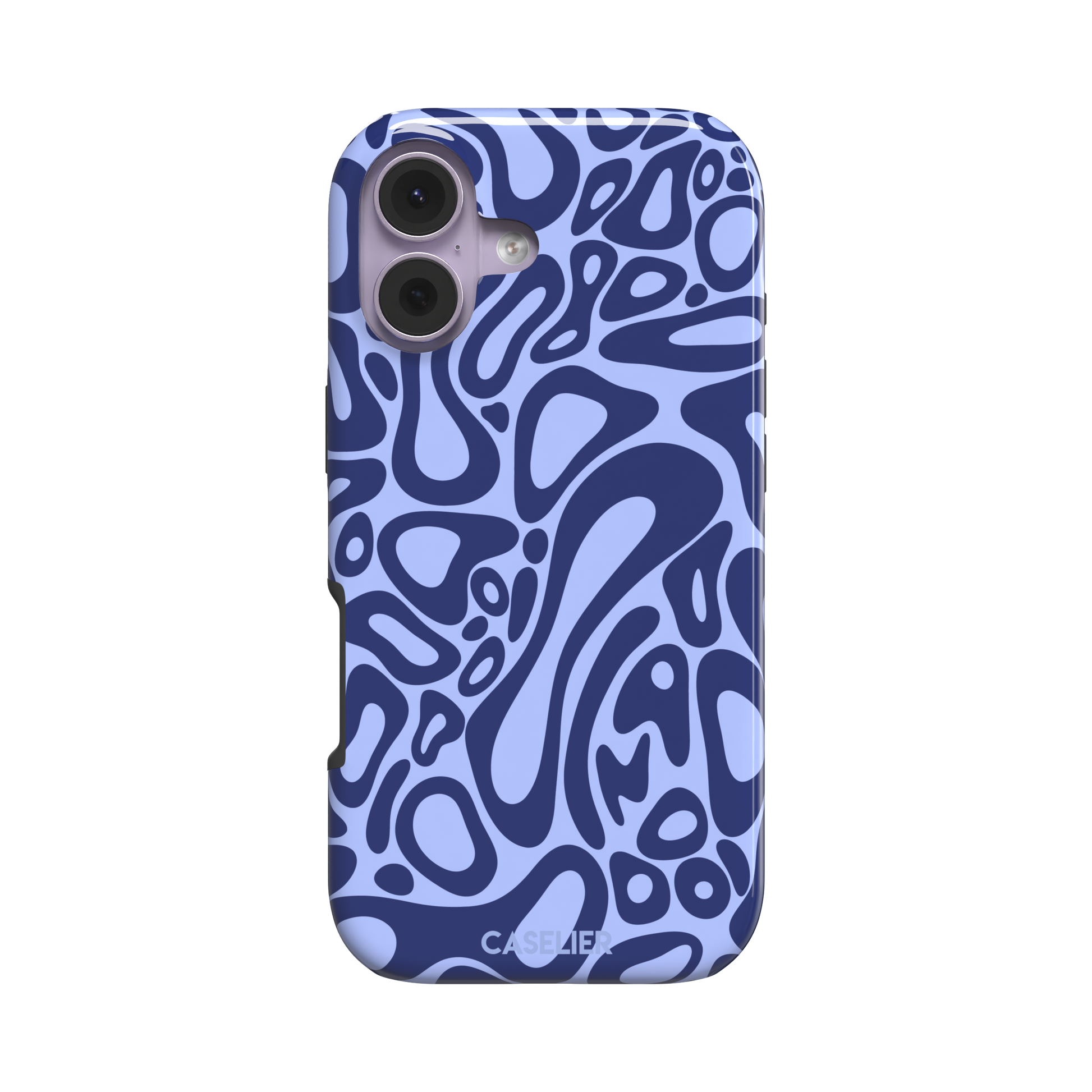 Norris Pattern phone case in periwinkle blue and navy with fluid swirling abstract shapes covering the full back, phone case by Caselier — tough case, front view
