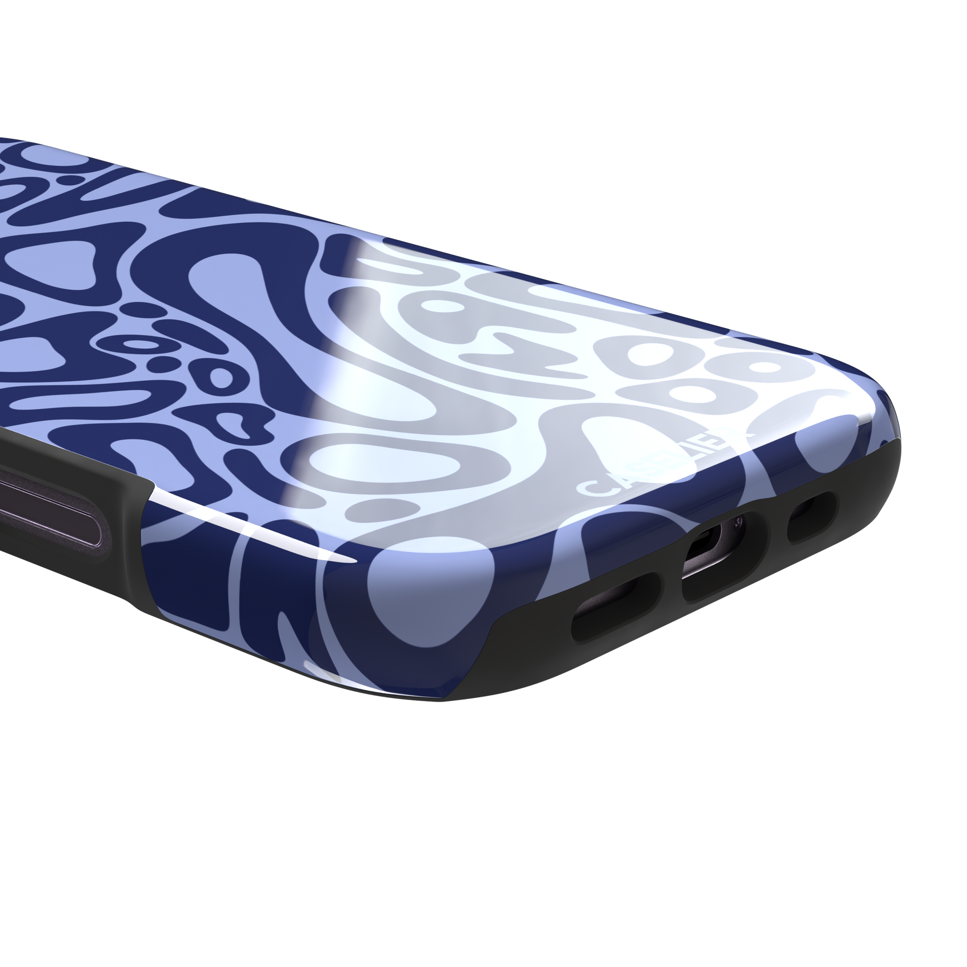 Norris Pattern phone case in periwinkle blue and navy with fluid swirling abstract shapes covering the full back, phone case by Caselier — tough case, charging port detail