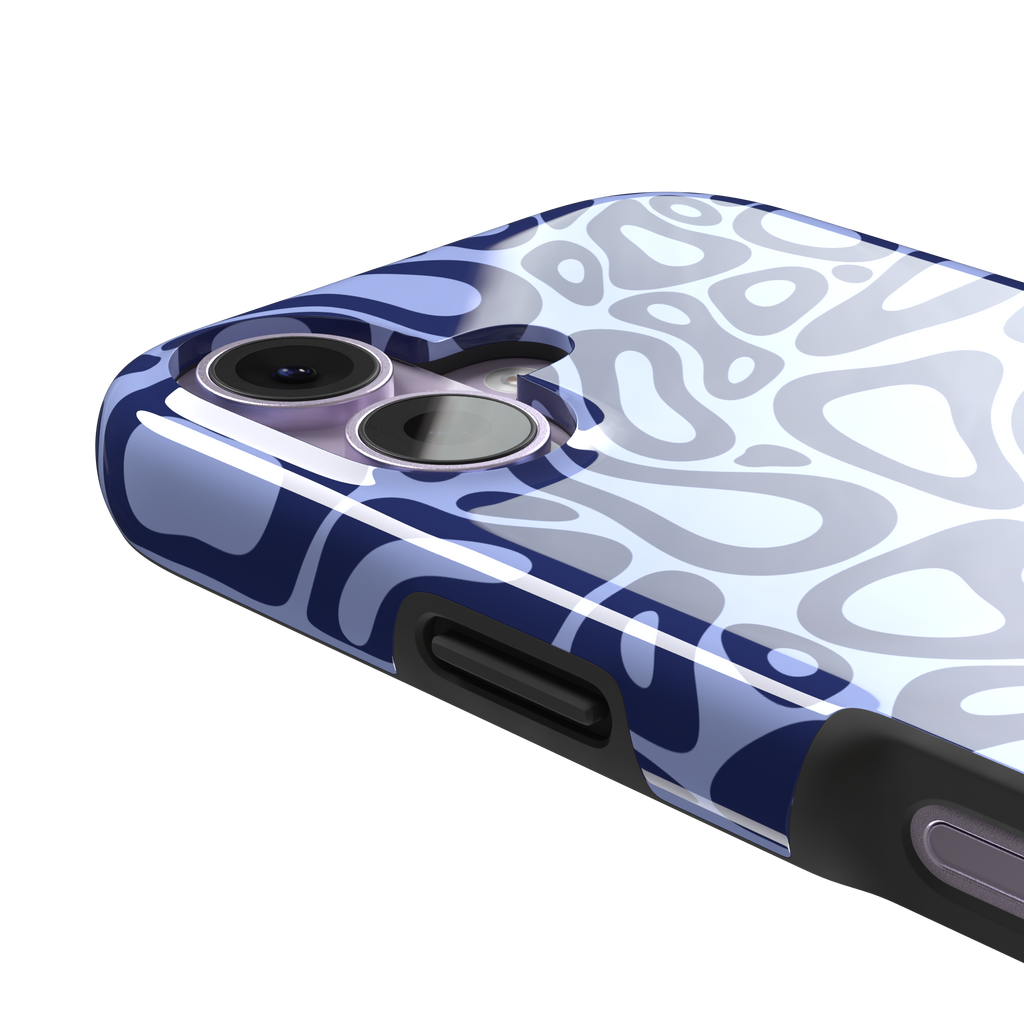 Norris Pattern phone case in periwinkle blue and navy with fluid swirling abstract shapes covering the full back, phone case by Caselier — tough case, volume buttons detail