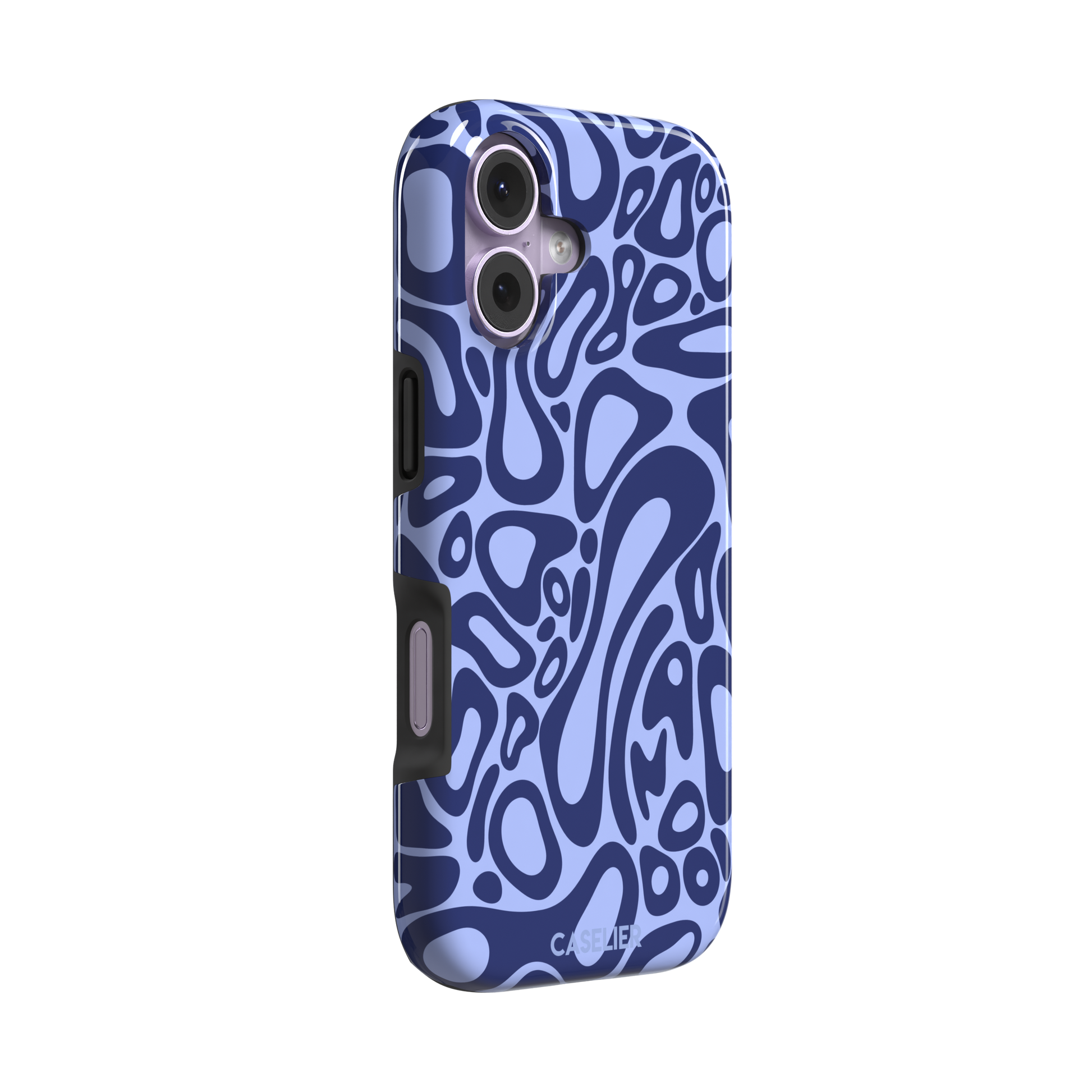 Norris Pattern phone case in periwinkle blue and navy with fluid swirling abstract shapes covering the full back, phone case by Caselier — tough case, left view