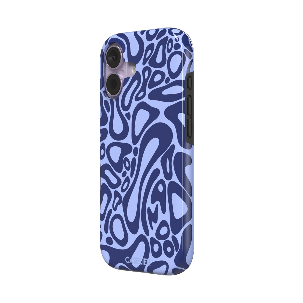 Norris Pattern phone case in periwinkle blue and navy with fluid swirling abstract shapes covering the full back, phone case by Caselier — tough case, right view