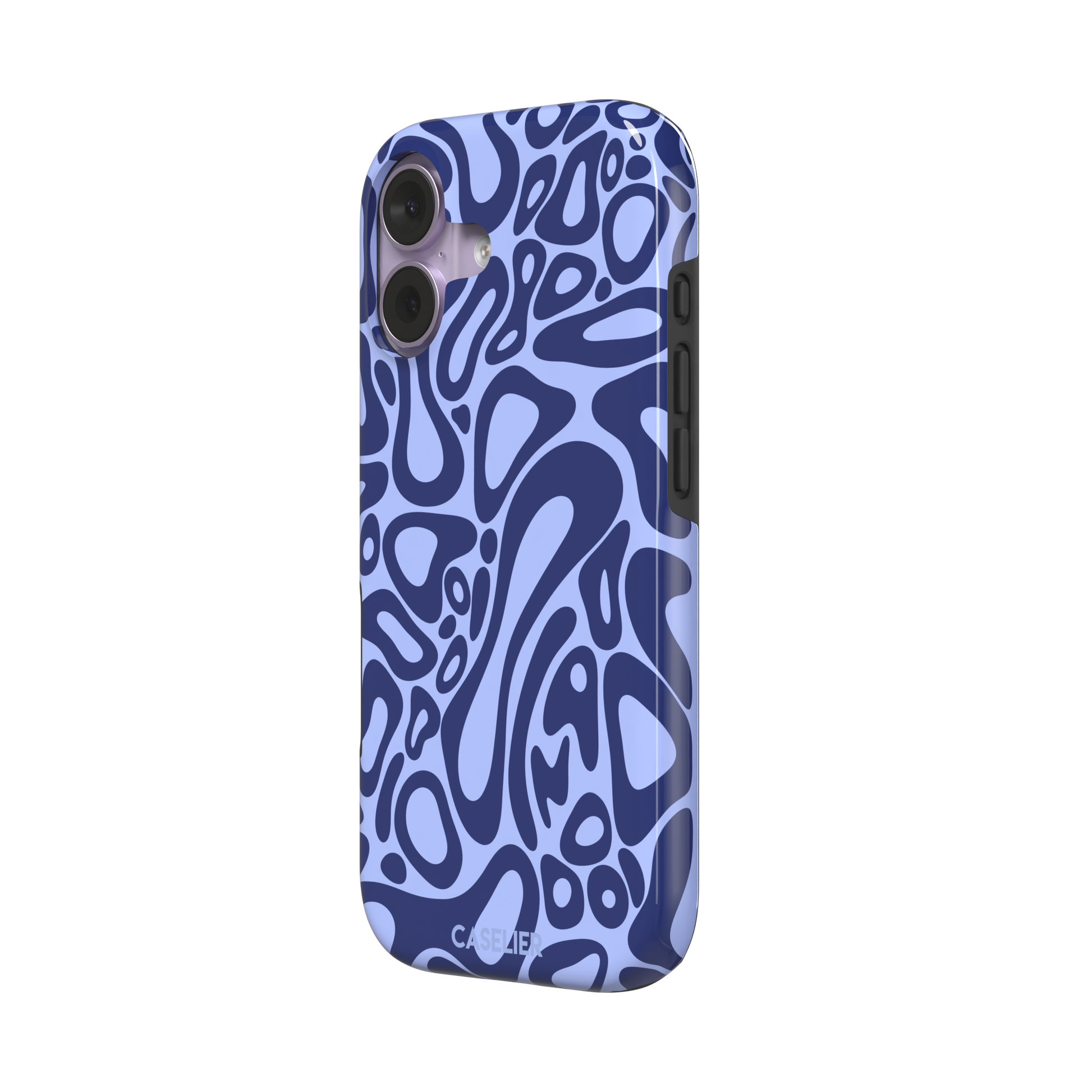 Norris Pattern phone case in periwinkle blue and navy with fluid swirling abstract shapes covering the full back, phone case by Caselier — tough case, right view
