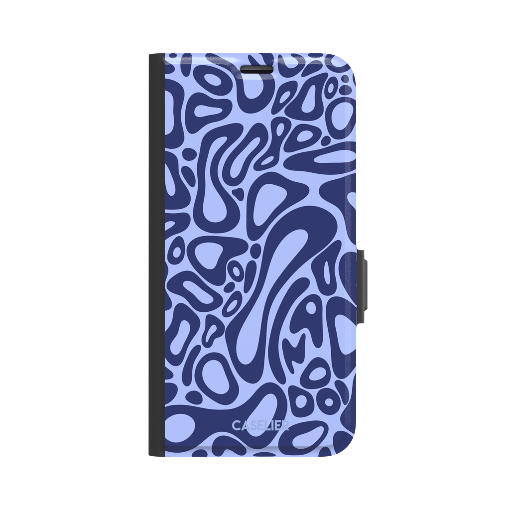 Norris Pattern phone case in periwinkle blue and navy with fluid swirling abstract shapes covering the full back, phone case by Caselier — wallet case, front view