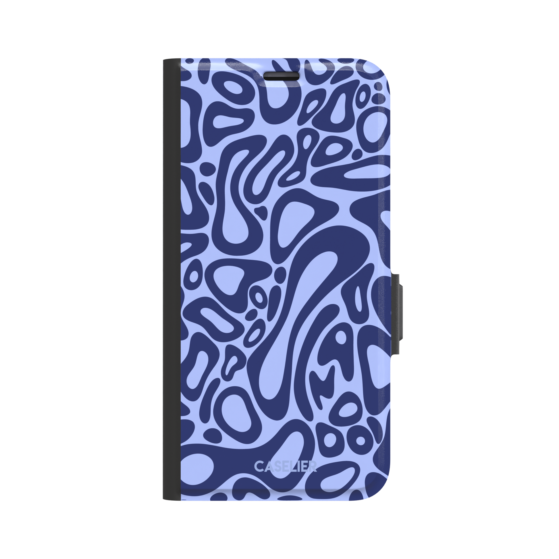 Norris Pattern phone case in periwinkle blue and navy with fluid swirling abstract shapes covering the full back, phone case by Caselier — wallet case, front view