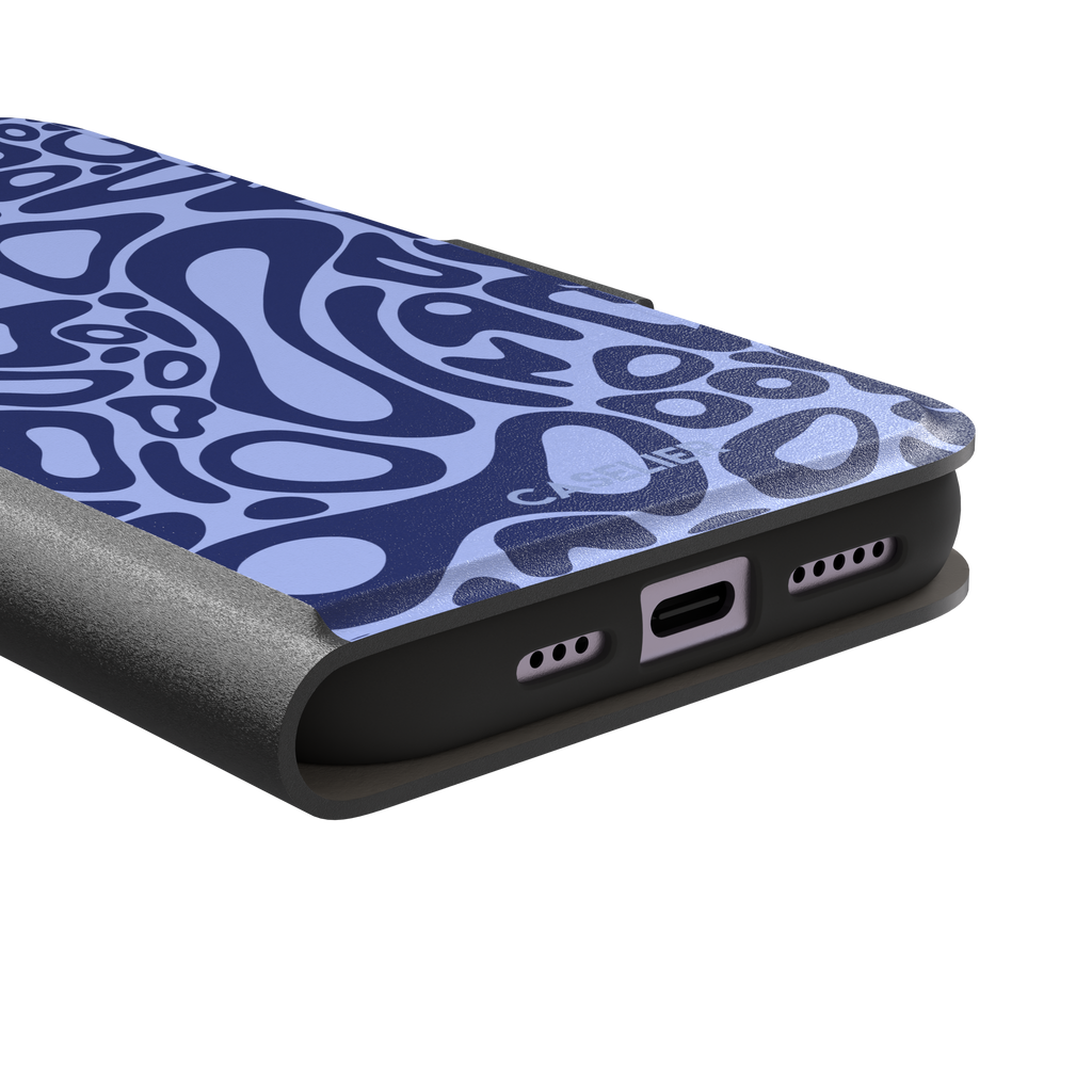 Norris Pattern phone case in periwinkle blue and navy with fluid swirling abstract shapes covering the full back, phone case by Caselier — wallet case, charging port detail