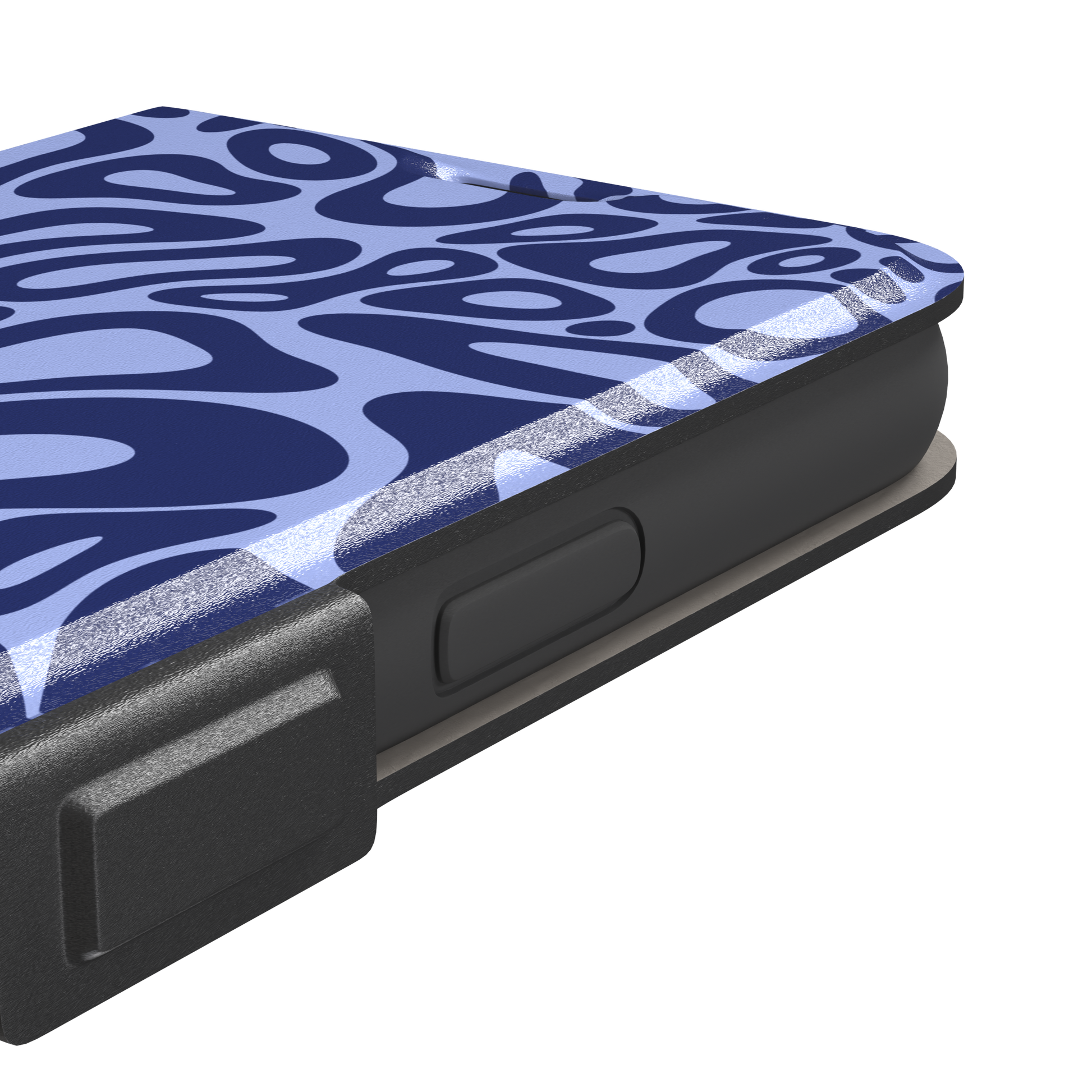 Norris Pattern phone case in periwinkle blue and navy with fluid swirling abstract shapes covering the full back, phone case by Caselier — wallet case, volume buttons detail