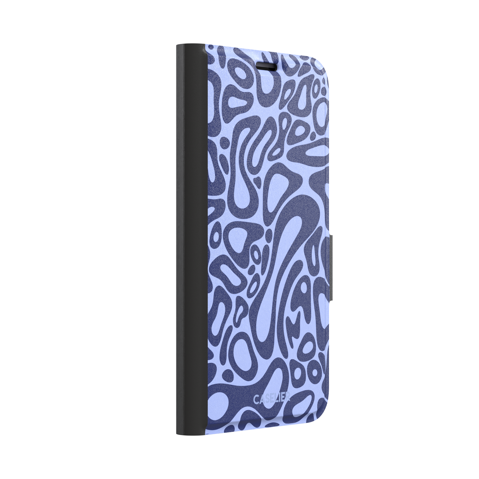 Norris Pattern phone case in periwinkle blue and navy with fluid swirling abstract shapes covering the full back, phone case by Caselier — wallet case, left view