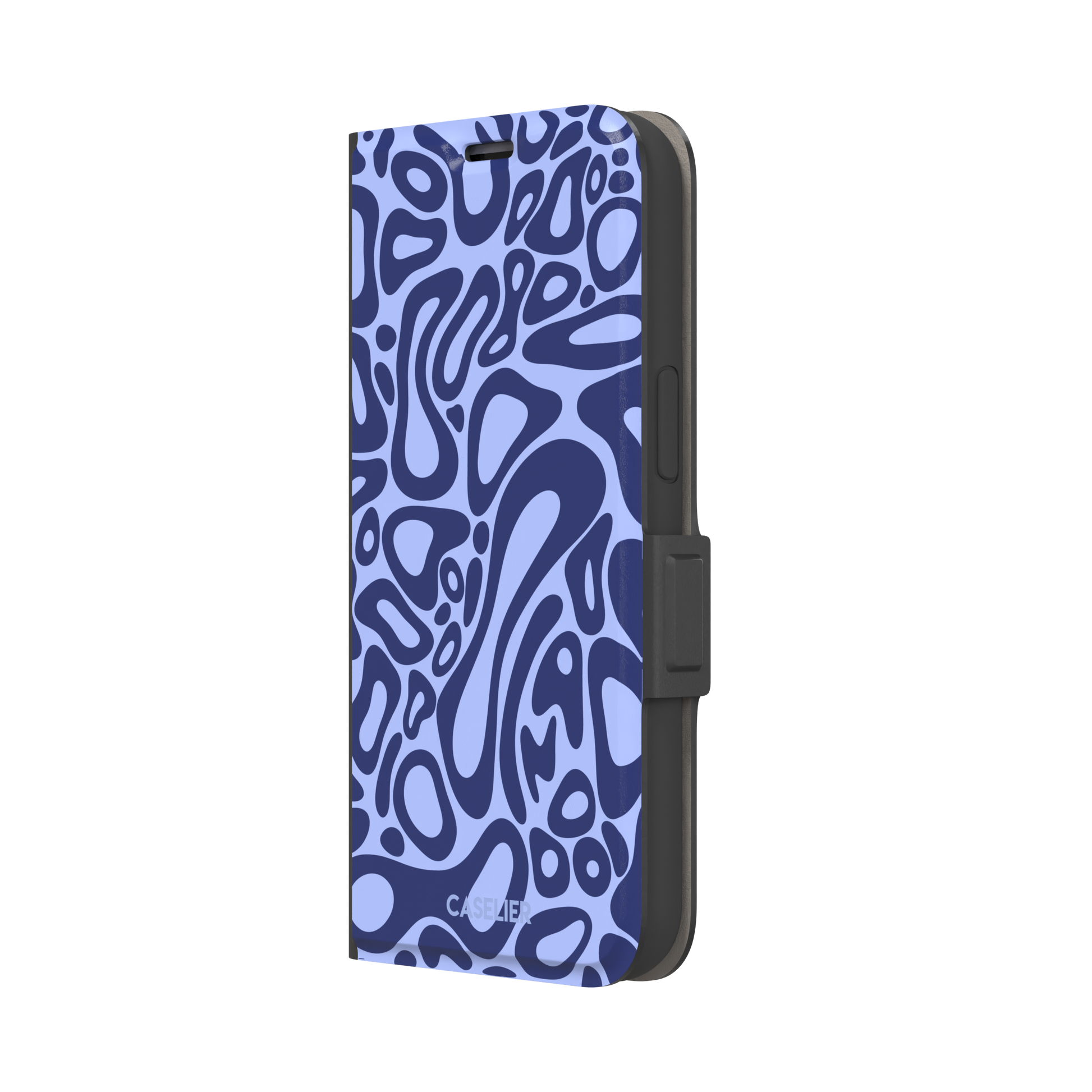 Norris Pattern phone case in periwinkle blue and navy with fluid swirling abstract shapes covering the full back, phone case by Caselier — wallet case, right view