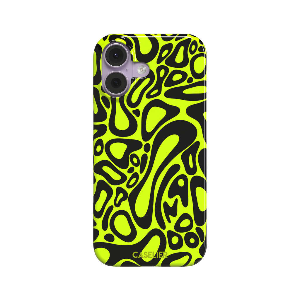 Norris Pattern phone case in neon yellow and black with fluid swirling abstract shapes covering the full back, phone case by Caselier — snap case, front view