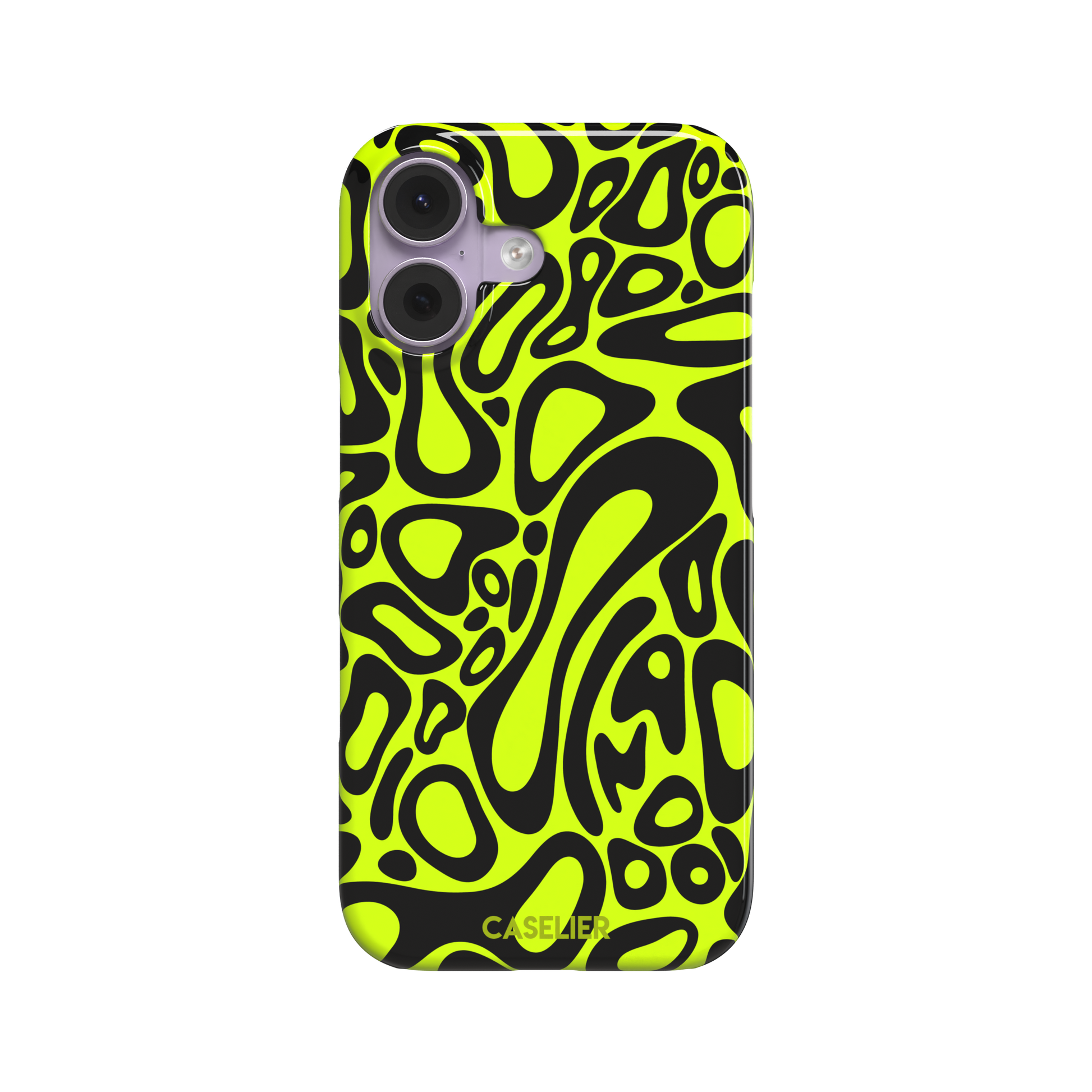 Norris Pattern phone case in neon yellow and black with fluid swirling abstract shapes covering the full back, phone case by Caselier — snap case, front view