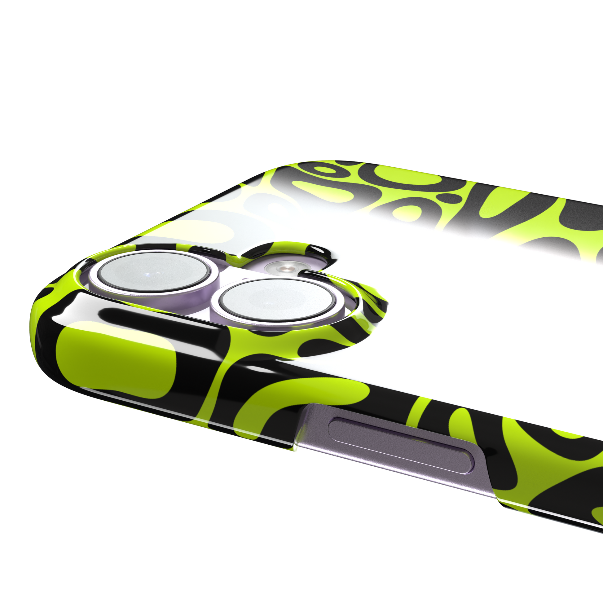 Norris Pattern phone case in neon yellow and black with fluid swirling abstract shapes covering the full back, phone case by Caselier — snap case, volume buttons detail