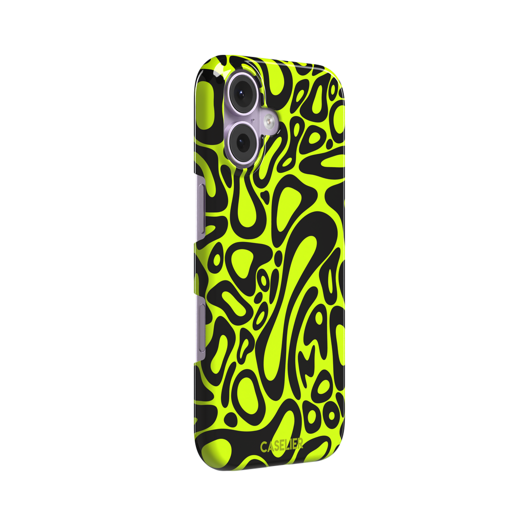Norris Pattern phone case in neon yellow and black with fluid swirling abstract shapes covering the full back, phone case by Caselier — snap case, left view