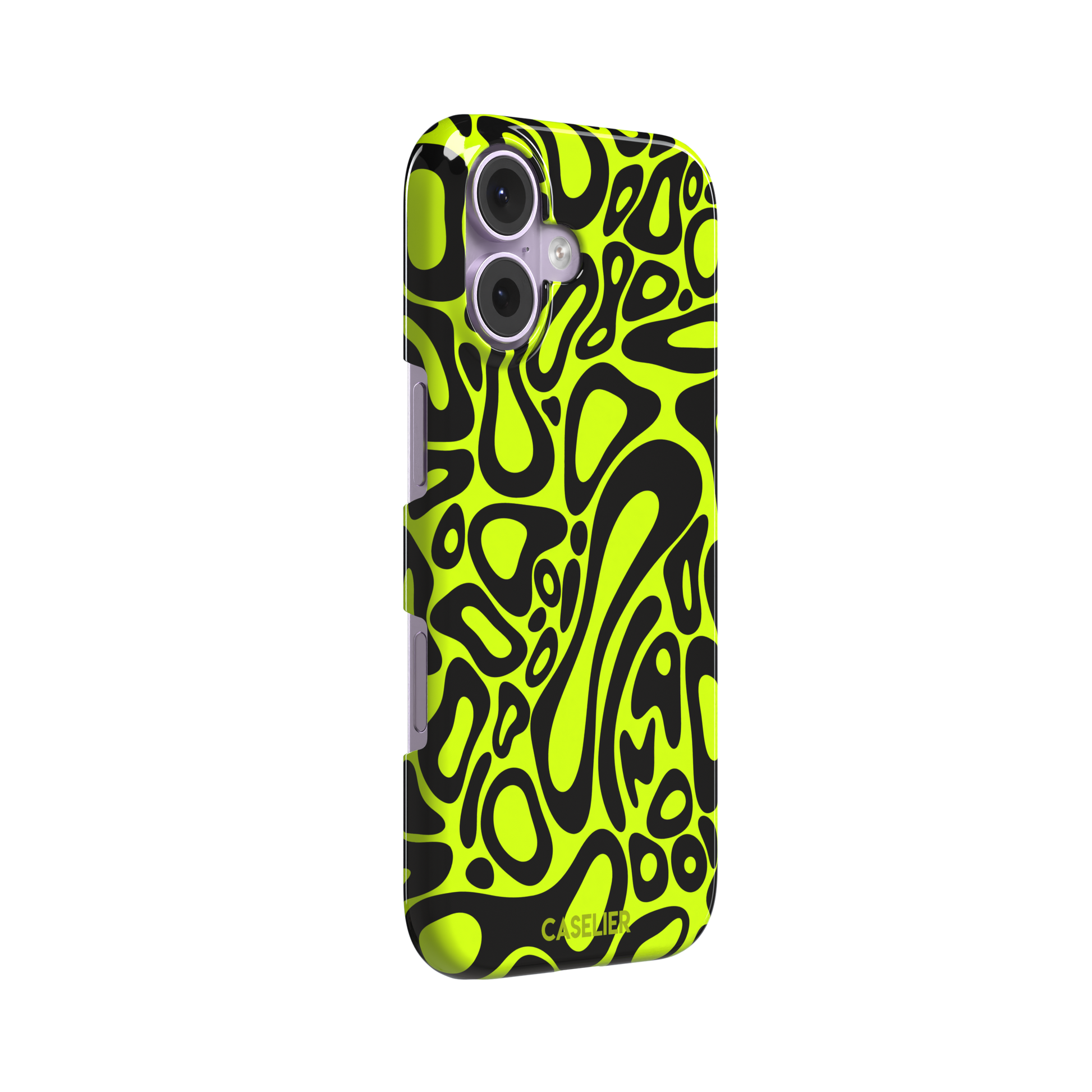 Norris Pattern phone case in neon yellow and black with fluid swirling abstract shapes covering the full back, phone case by Caselier — snap case, left view