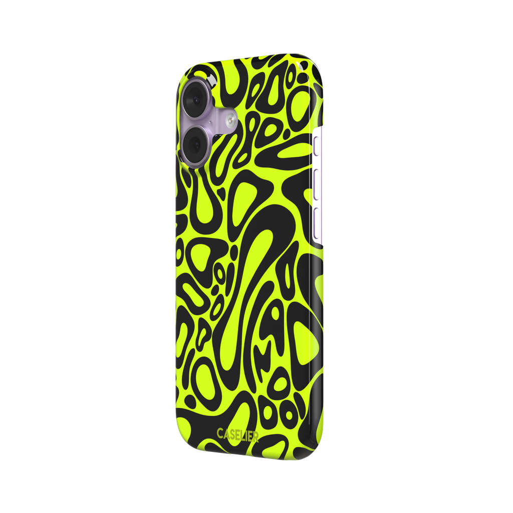 Norris Pattern phone case in neon yellow and black with fluid swirling abstract shapes covering the full back, phone case by Caselier — snap case, right view
