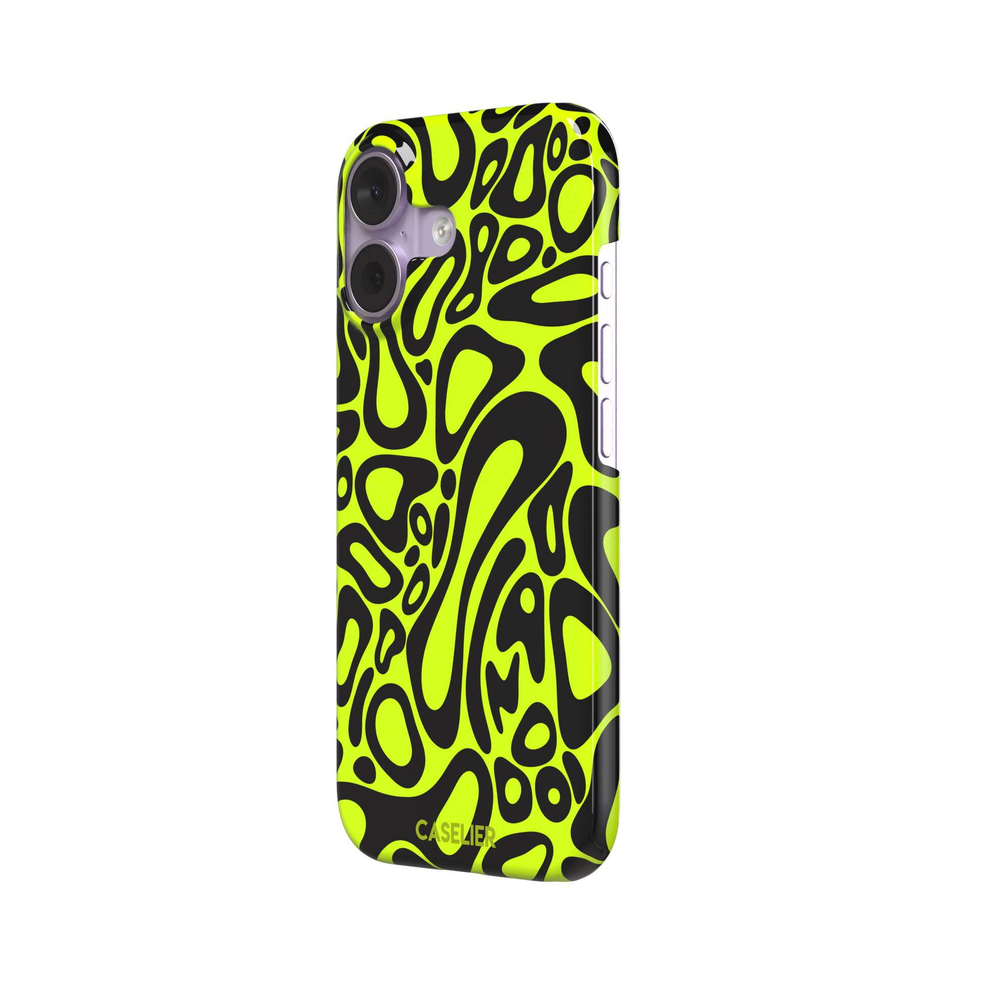 Norris Pattern phone case in neon yellow and black with fluid swirling abstract shapes covering the full back, phone case by Caselier — snap case, right view