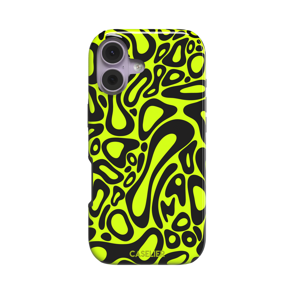 Norris Pattern phone case in neon yellow and black with fluid swirling abstract shapes covering the full back, phone case by Caselier — tough case, front view