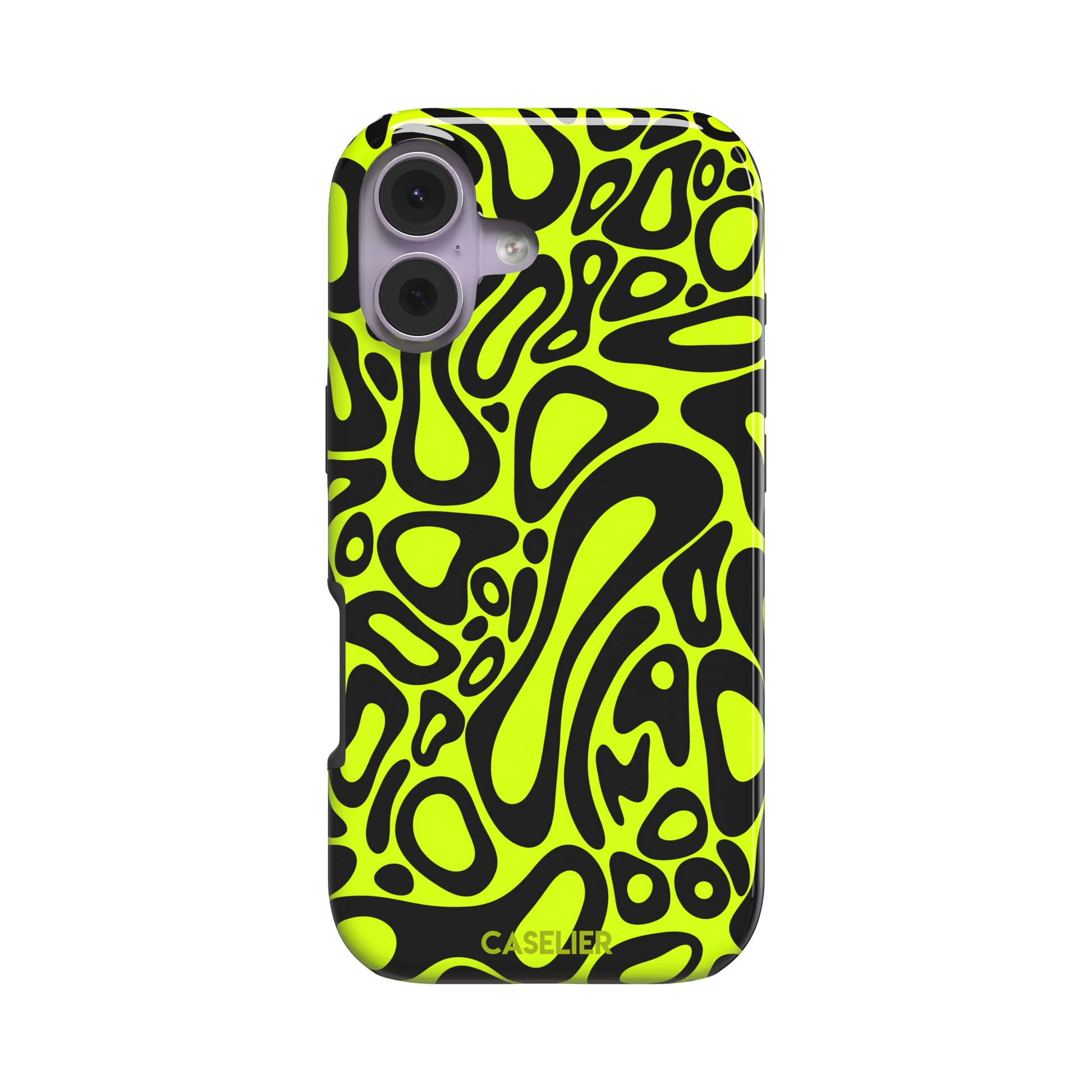 Norris Pattern phone case in neon yellow and black with fluid swirling abstract shapes covering the full back, phone case by Caselier — tough case, front view