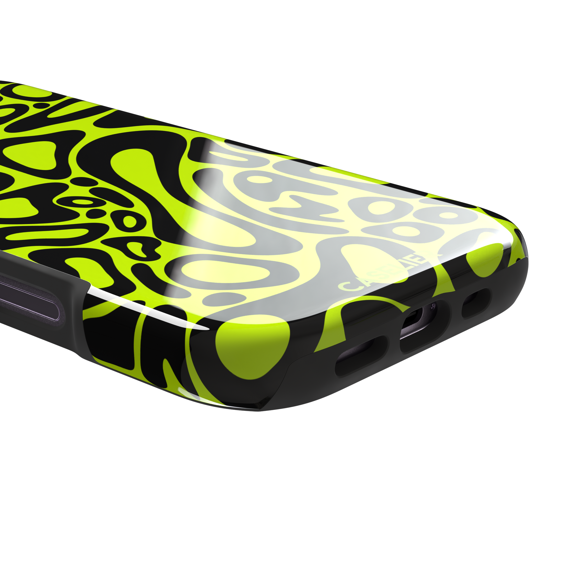 Norris Pattern phone case in neon yellow and black with fluid swirling abstract shapes covering the full back, phone case by Caselier — tough case, charging port detail