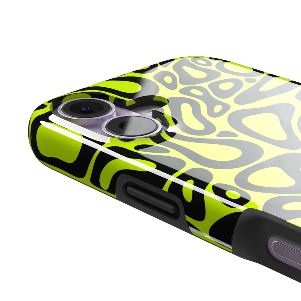 Norris Pattern phone case in neon yellow and black with fluid swirling abstract shapes covering the full back, phone case by Caselier — tough case, volume buttons detail