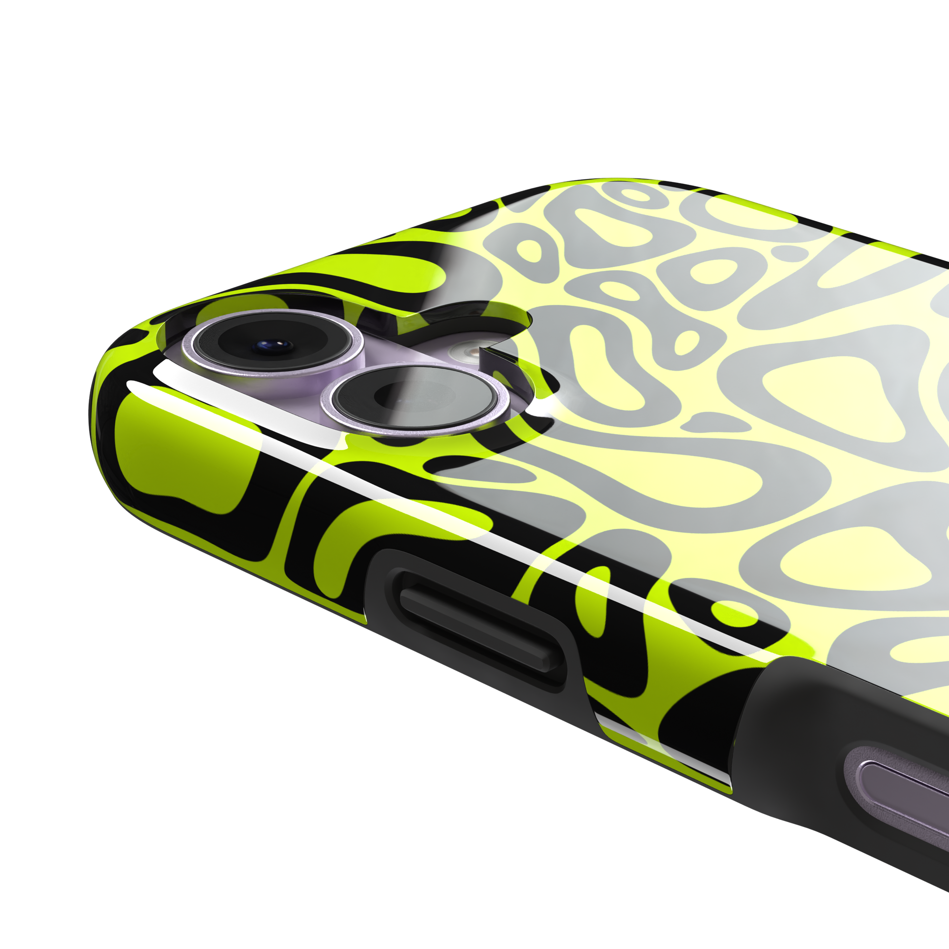 Norris Pattern phone case in neon yellow and black with fluid swirling abstract shapes covering the full back, phone case by Caselier — tough case, volume buttons detail